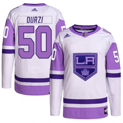 Men's Authentic Los Angeles Kings Sean Durzi Adidas Hockey Fights Cancer Primegreen Jersey - White/Purple